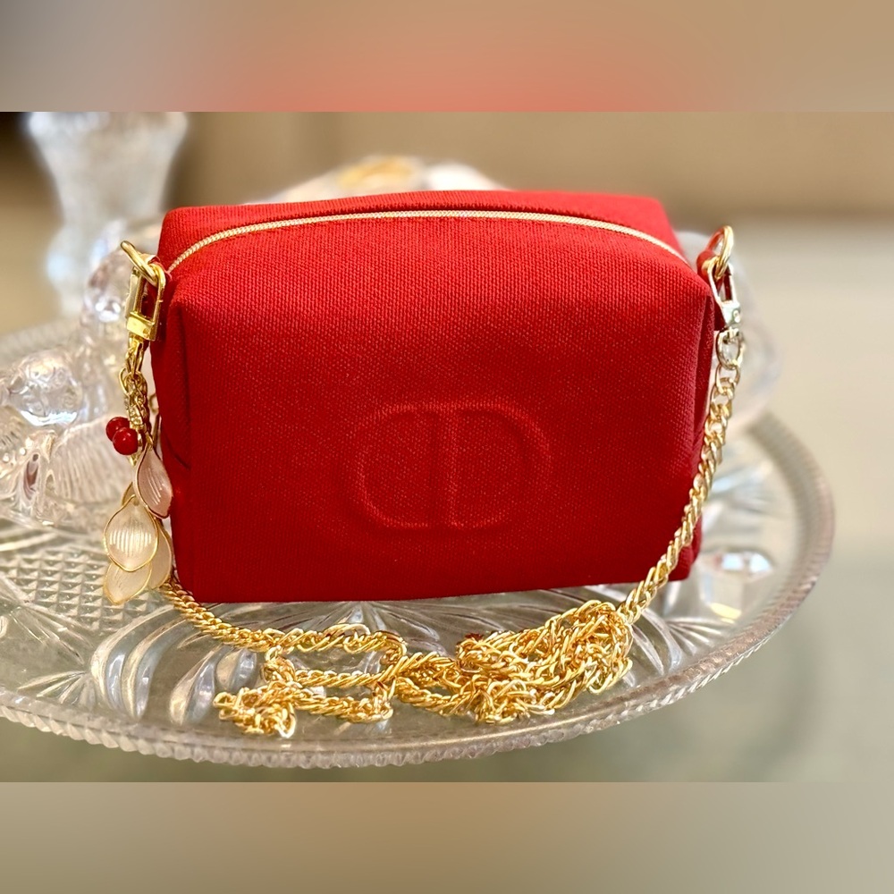 With Charm ;Dior Vibrant Red Canvas Cosmetic Sling with rich gold chain - Picture 9 of 17
